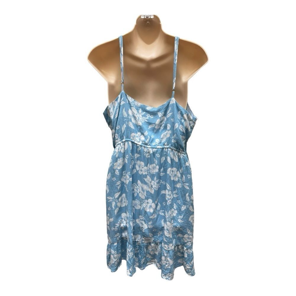 Promesa Blue White Floral V Neck Wrap Dress Size L Feminine Romantic Ruffle Euc — image 6 of 6